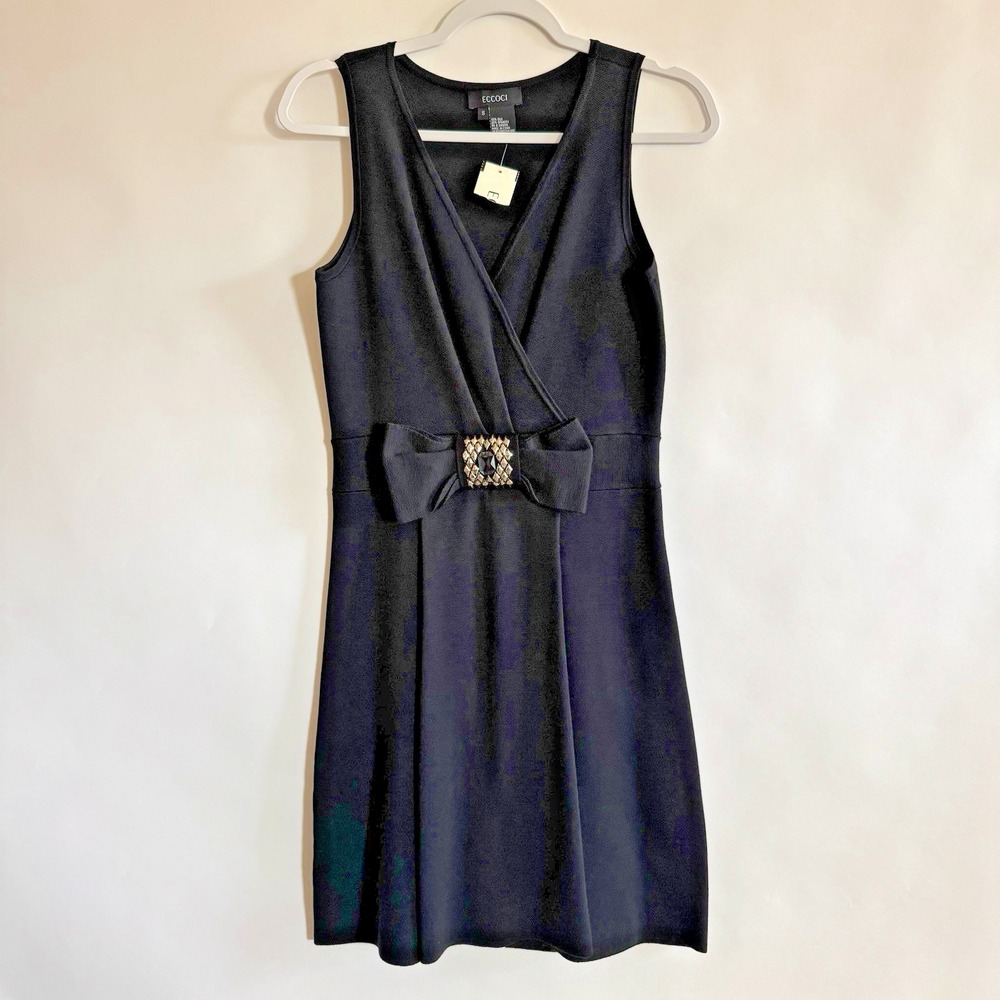 Eccoci Silk Jeweld Bow V Neck Pleated Dress Small Holiday‎ Party Grandmillenial